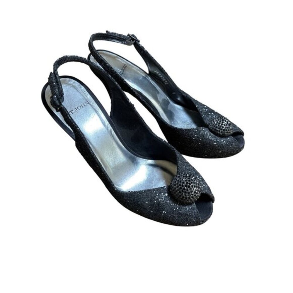 St John Satin Black Floral Rhinestone Slingback Pumps Size 8 Heels Formal